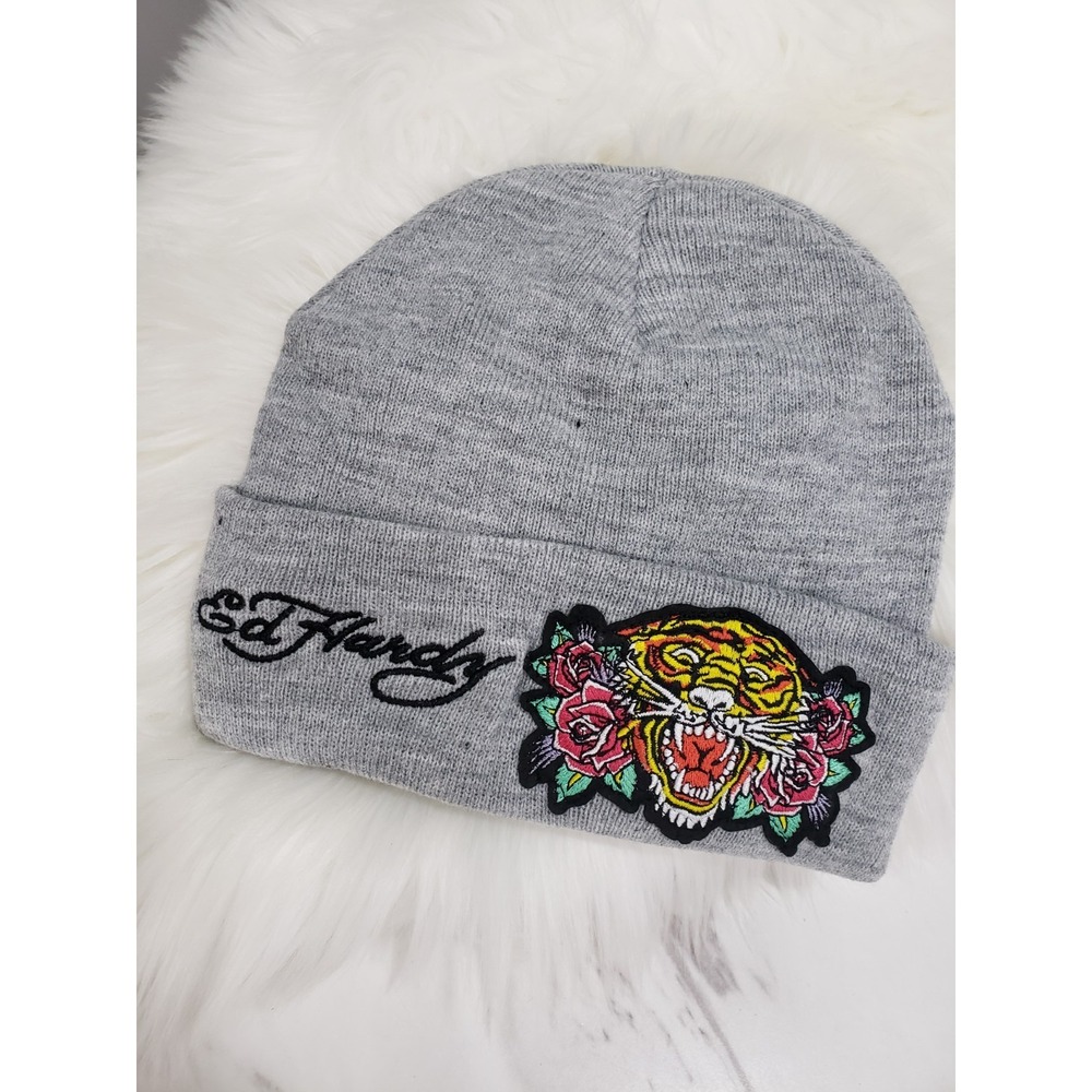 NWOT Ed Hardy Beanie Grey Tiger‎ & Rose Embroidered Unisex men women y2k retro